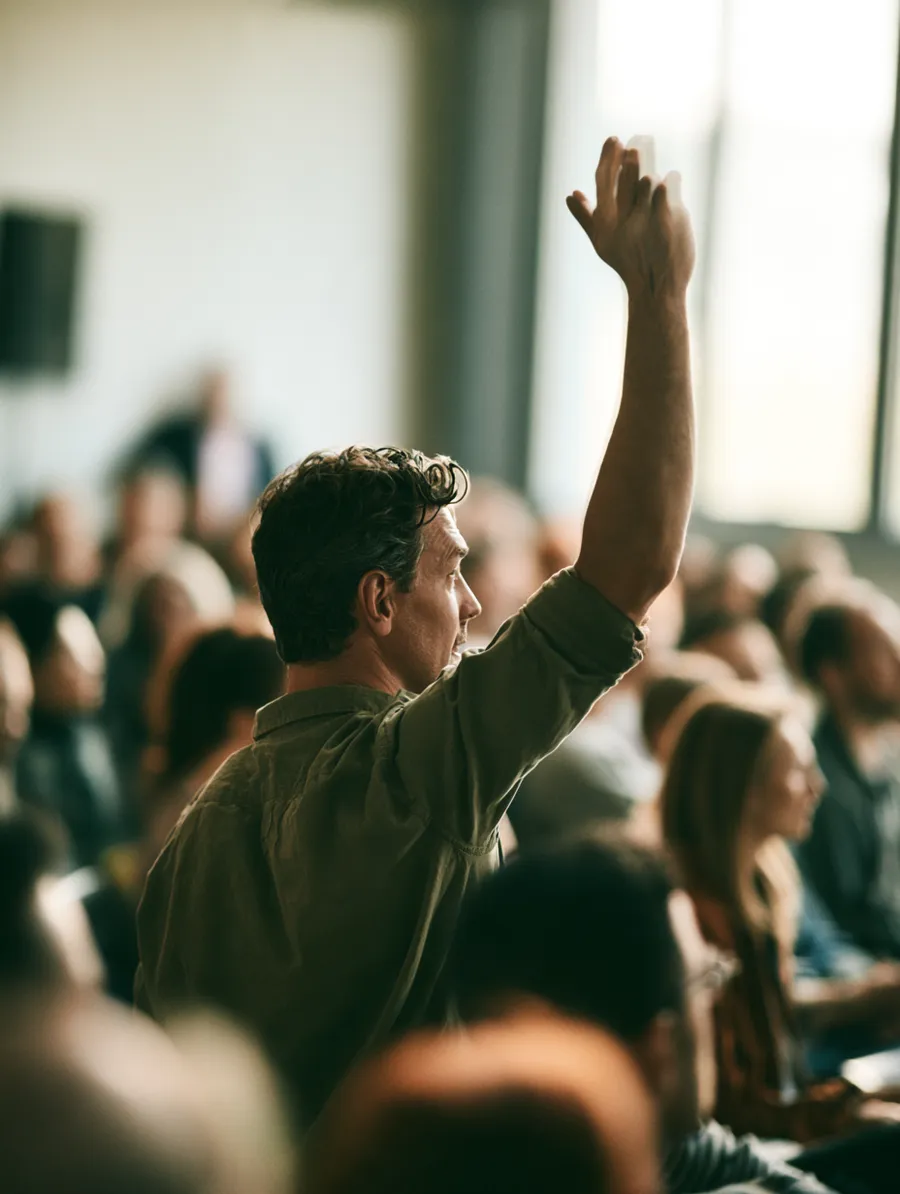 Raised hand in a workshop audience asking a personal loan question