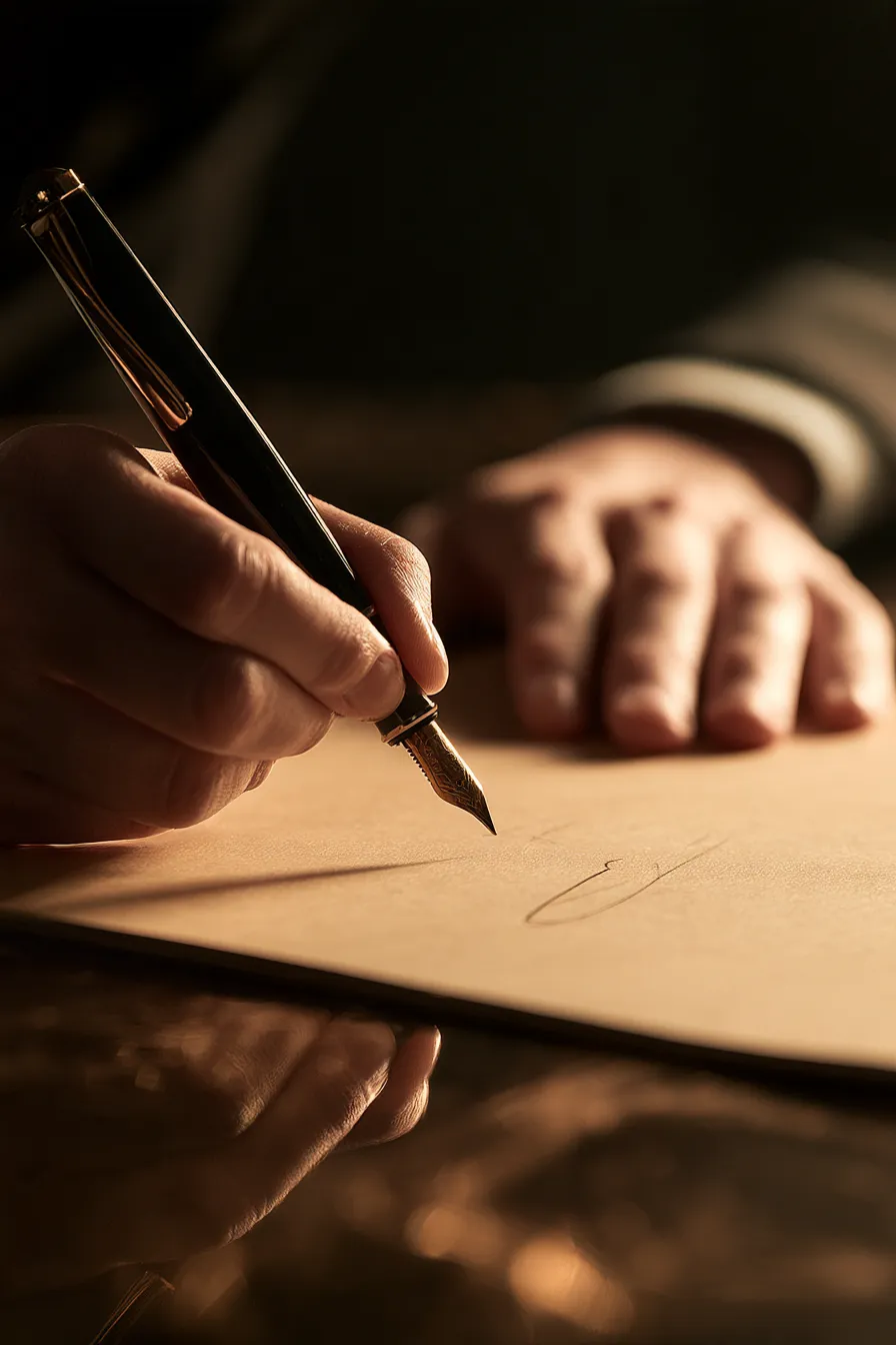 Hands signing a personal loan agreement with a fountain pen